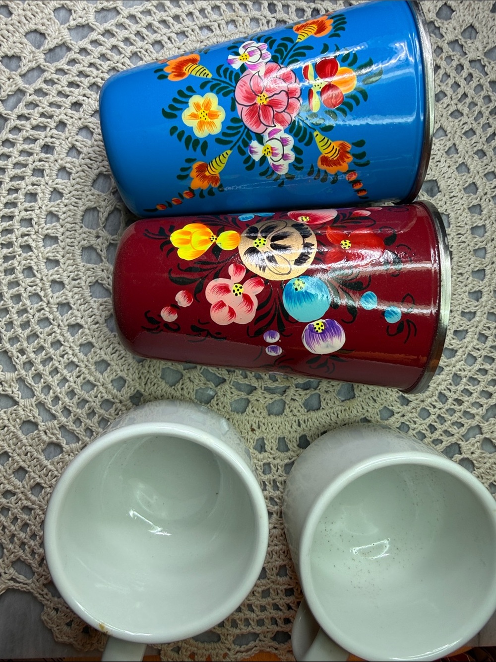 Hand-Painted Floral Metal Tumblers - Blue & Red